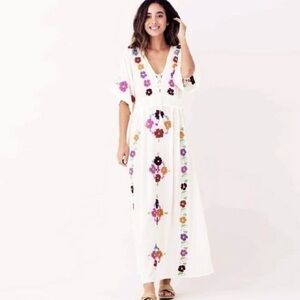 NWOT Blue Boheme Spring  Embroidered Boho Maxi Dress with Tassels